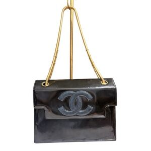 Chanel Black Patent Leather Shoulder Bag with Gold Chain